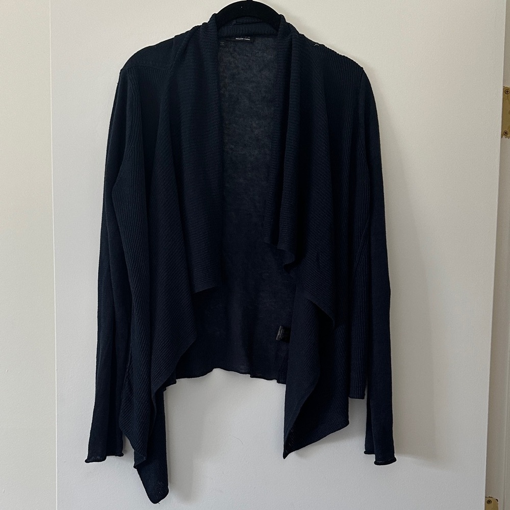 360 Sweater 100% Linen Tie-Front Cardigan in Navy | Size XS